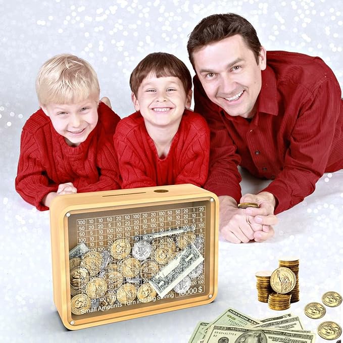 Piggy Bank for Adults Kids, Wooden Coin Bank for Boys and Girls, Cash Vault Money Saving Box with Counter $10000 Savings Challenge Money Box with Money Target and Numbers (Acrylic $10000)