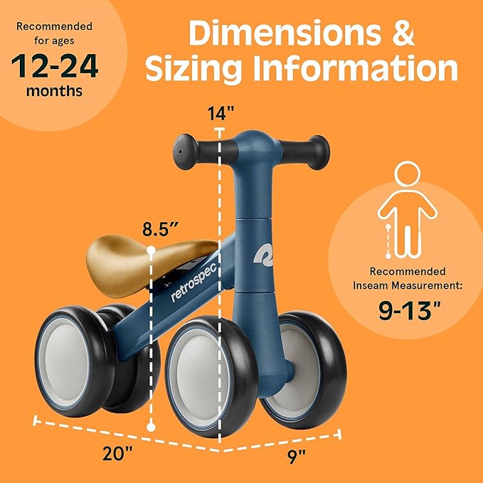 Retrospec Cricket 2 Baby Walker Balance Bike with 4 Wheels - Safe Learning Toy for Ages 12-24 Months - Scratch-Resistant Indoor Outdoor Toddler Riding Toy with Steering Limit & Soft Grips