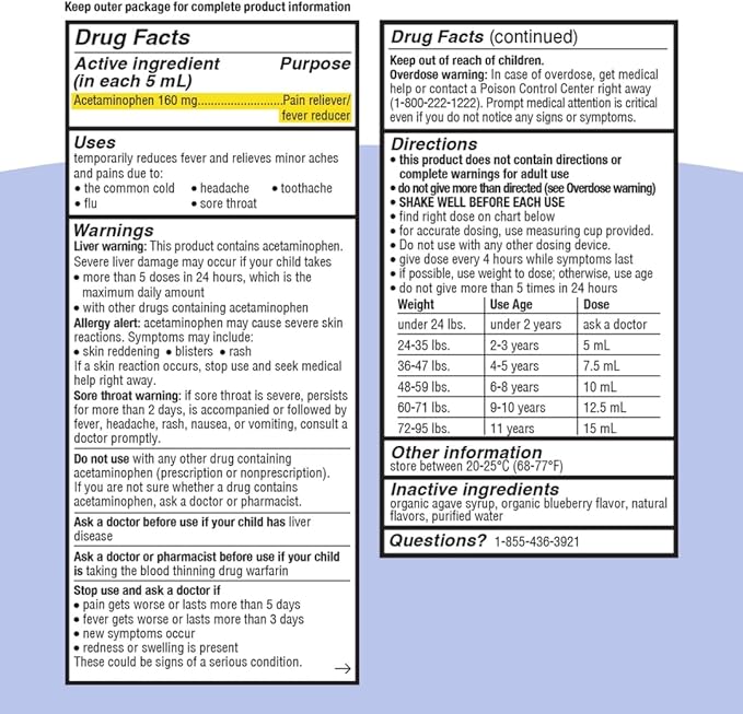 Genexa Children's Clean Acetaminophen | Pediatrician Preferred Ingredients | Pain & Fever Reducer for Kids | Dye Free, 0% Artificial Additives | Ages 2-11, Delicious Organic Blueberry Liquid, 4 fl oz