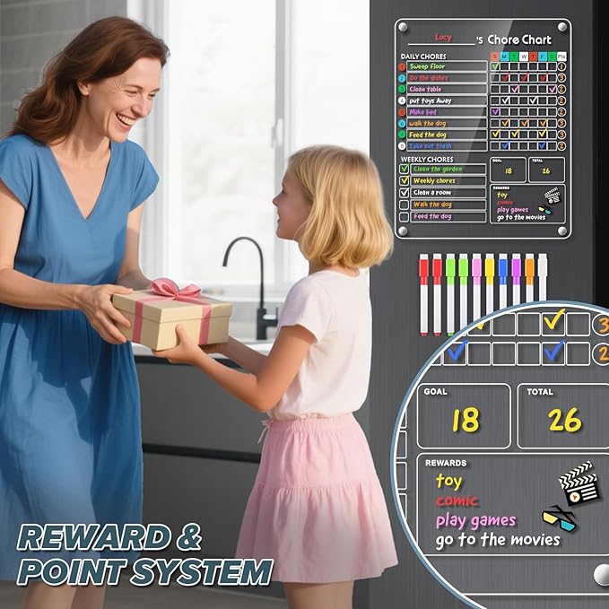 Acrylic Magnetic Chore Chart for Kids, 9.5"x12" Behavior Reward Responsibility Chart for Kids/Teens/Adults Chore Chart for Multiple Kids, Reusable Chore Checklist & Responsibility Tracker (1 Pack)