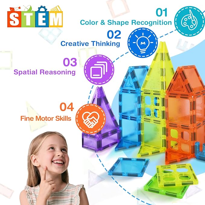 Magnetic Tiles 125PCS Magnetic Building Blocks Set 3D Magnet Tiles with 2 Cars STEM Educational Learning Construction Toys Kids Birthday Gifts for Preschool Toddler Boys Girls 3 4 5 6 7 8 9 + Year Old