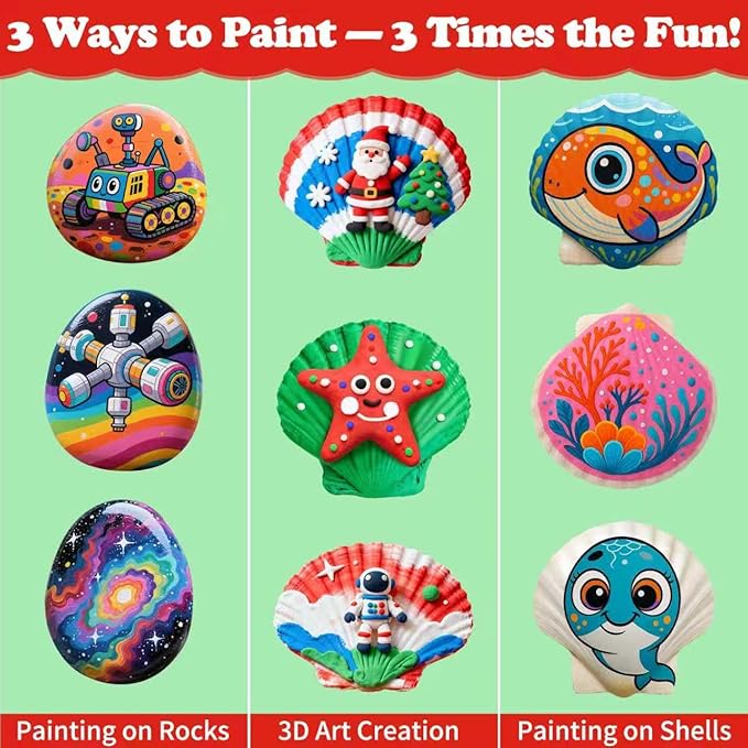 Awsoo Shell & Rock Painting Kit- Space and Rocky Glow in The Dark Arts and Crafts for Kids Ages 8 9 10 11 12, Art Supplies Craft Paint Kits, Birthday Party Gift Toy
