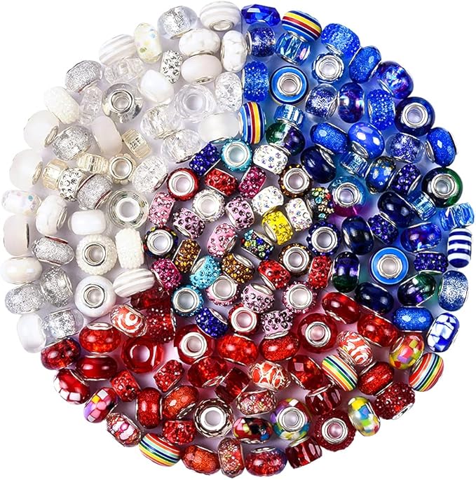 Aipridy Assortment European Large Hole Beads Spacer Beads Rhinestone Craft Beads for DIY Charms Bracelet Jewelry Making (Blue-Red-White)