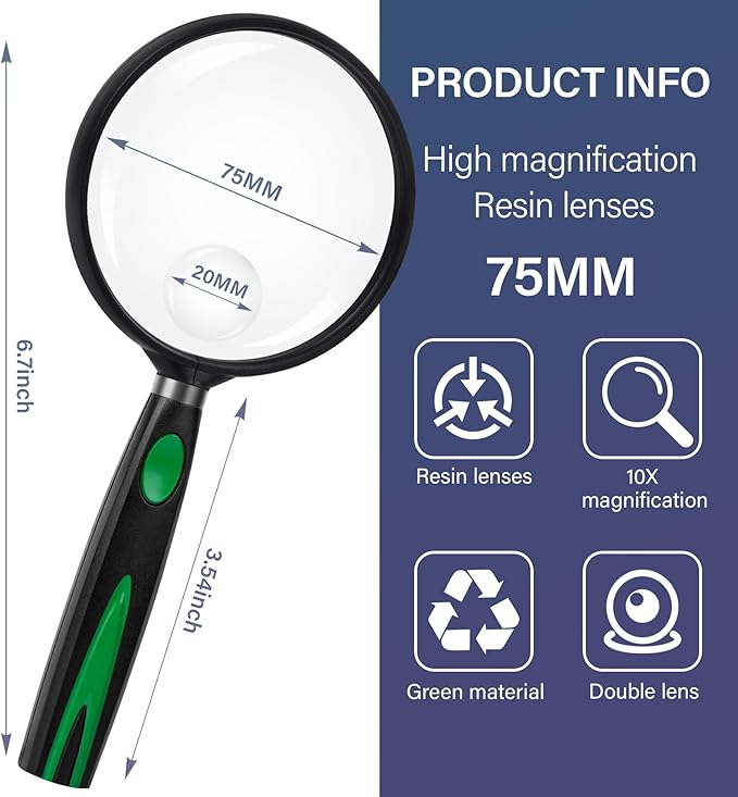Feosky Handheld Reading Magnifier, 10X 30X Magnifier, 75mm Shatterproof Lens, Non-Slip Handle for Adults Close Work, Seniors Reading and Kids Nature Exploration, Hobby Observation(Green/Black)