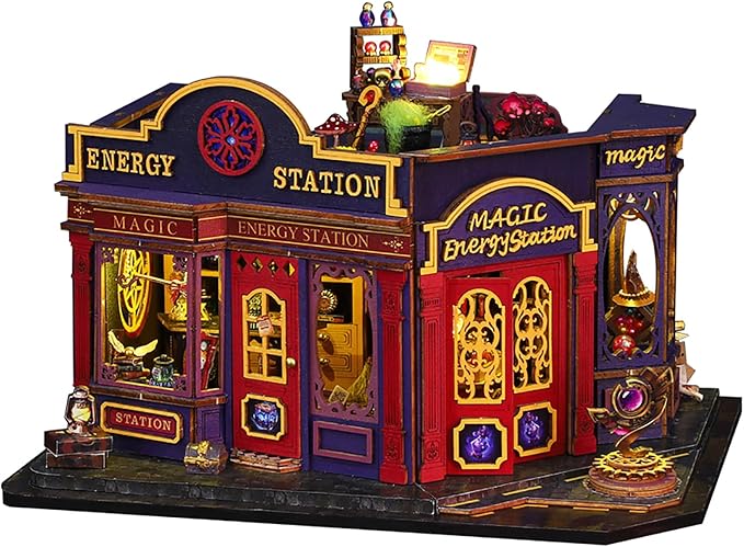 DIY Book Nook Kit - DIY Miniature Dolls House Kit with Furniture and LED Light, 3D Puzzle Wooden Art Bookends, Model Kits for Adults to Build (Magic Energy Station)