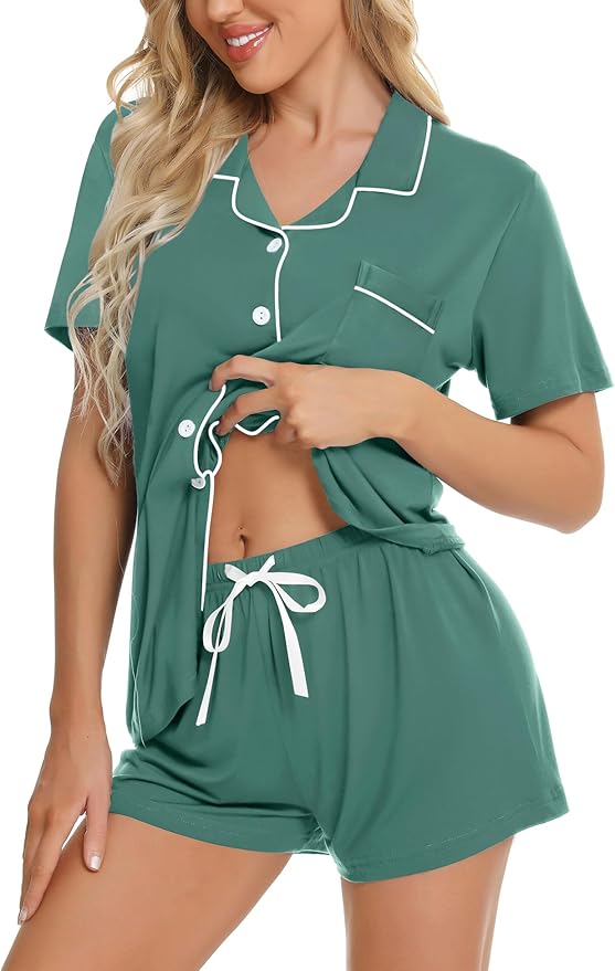 SWOMOG Womens Button Down Pajamas Set Short Sleeve Sleepwear Bride Soft Pj Lounge Sets XS-3XL