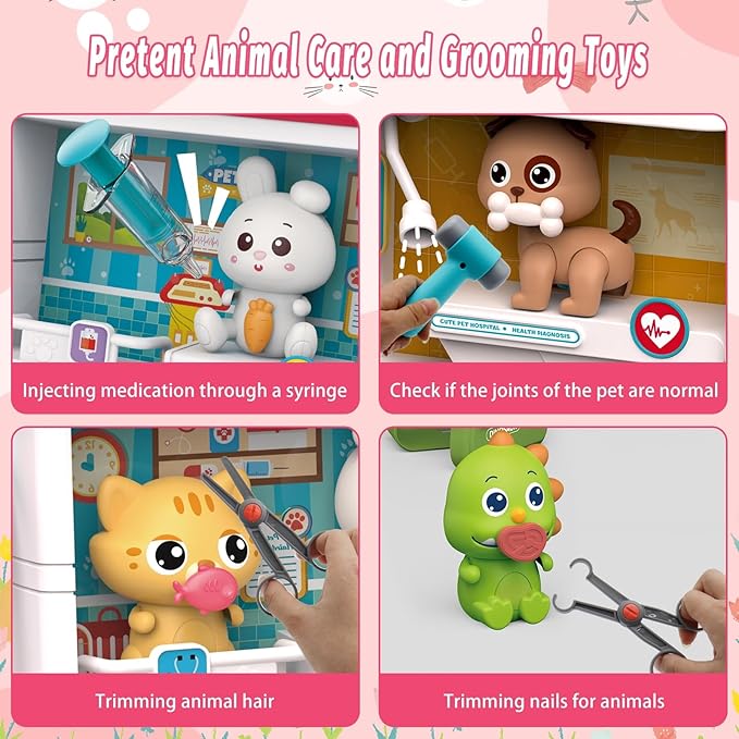 Pet Vet Toys Doctor Kit for Kids, Hospital Pretend Play Set Vet Clinic Toys with Light and Sound, Pet Care Playset Animal Grooming Toys Gifts for Girls Boys, Ages 3 and Up