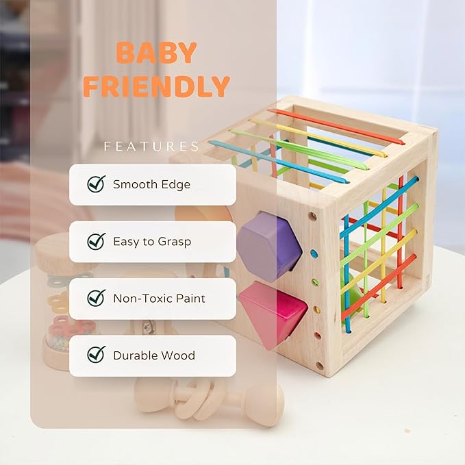 Montessori Wooden Shape Sorting Cube – Baby Sensory Rattles for Infants Over 18 Months, Wooden Baby Toys for 2 Year Old Educational Shape Sorter for Babies & Toddlers