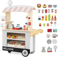 HONEY JOY Kids Food Cart, 30-Piece Toddler Pretend Play Grocery Store Playset w/Cash Register & Scale, Wooden Dessert Shop Play Market, Children Beverage Stand Cart w/Wheels, Gift for Boys Girls