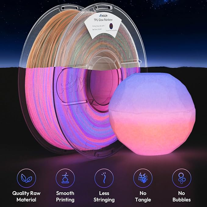 AMOLEN 95A TPU 3D Printer Filament, 1.75mm Glow in The Dark Rainbow Purple Pink Orange Blue, Soft TPU Flexible, High Hardness & Resilience, Best with UV Lamps, 1KG Spool(2.2lbs), Fit Most 3D Printers