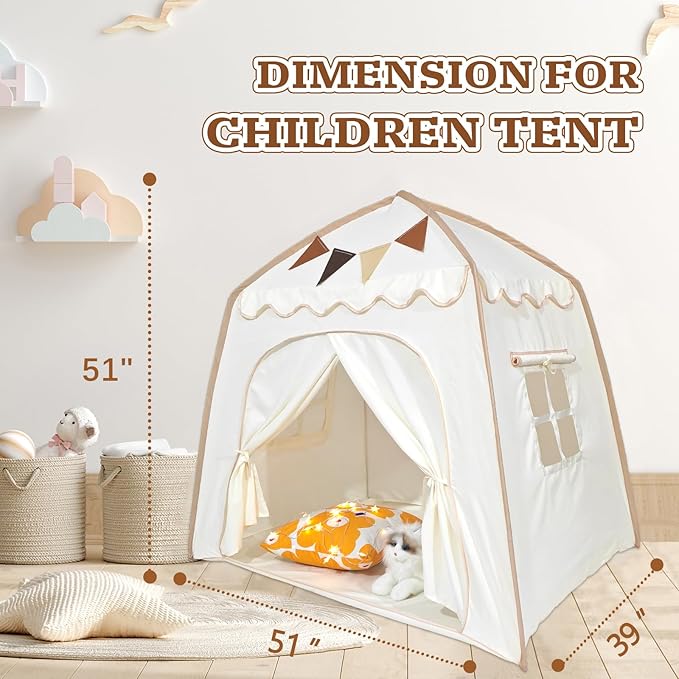 Toddler Bed Tent, Kids Play Tent with Flags, Star String, Portable Bed Canopy for Boys & Girls, Children, Indoor Outdoor Dome Playhouse, Cream, 51" x 39" x 51"