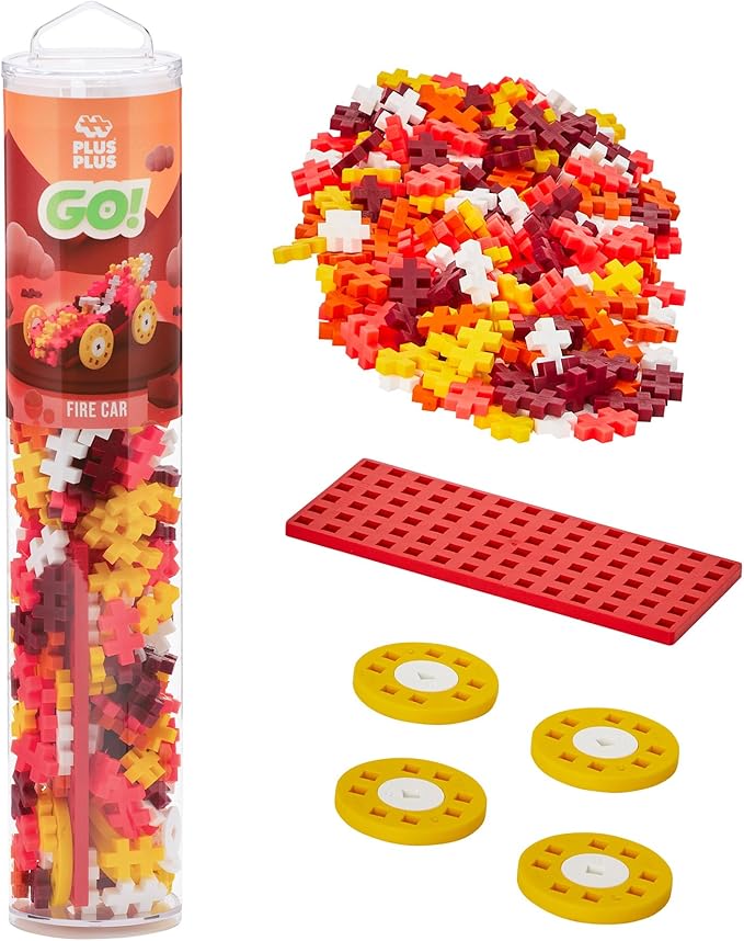 PLUS PLUS Color Cars Tube, Car Building Block Kit, 3D Puzzle Stem Toy Set for Kids, 200 Mini Interlocking Pieces - Fire