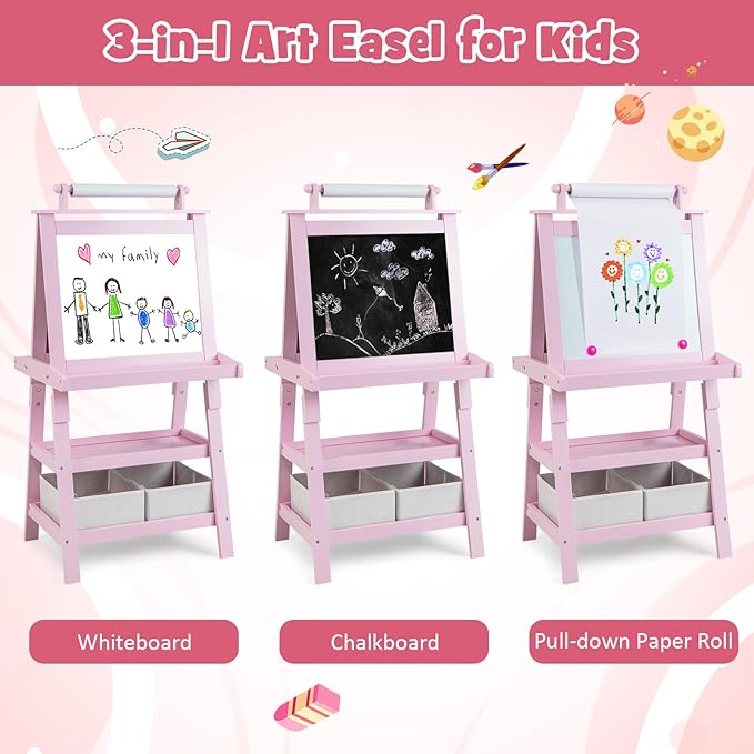 Costzon Kids Art Easel, 3 in 1 Double-Sided Painting Easel w/Magnetic Whiteboard, Chalkboard & Paper Roll, 2-Tier Storage Rack & 2 Boxes, Standing Easel for Kids, Toddlers, Gift for Boys, Girls
