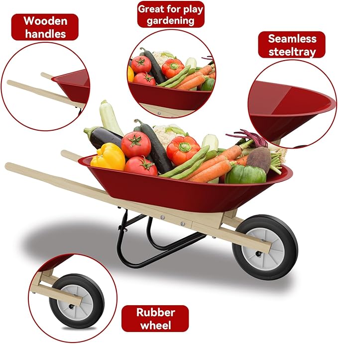 Qtioucp Kids Wheelbarrow Set with Gardening Tools Outdoor Backyard Garden Play for Toddlers Boys Girls 3-8, with Shovel, Rake, Leaf Rake, Easter Birthday Gifts (Wheelbarrow Red Color)