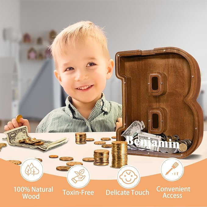 Wooden Letter Piggy Bank for Kids Larger Letter Piggy Bank for Boys and Girls Personalized Piggy Bank Initial Coin Bank Wood Kids Money Bank for Birthday and Festival