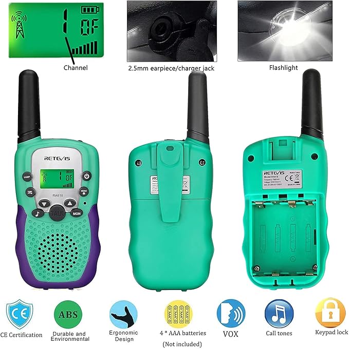 Retevis RA18 Walkie Talkies for Kids, Toy Walkie Talkie with LCD 22 CH Flashlight Hands Free Holiday Toy for 6-12 Year Old Boys Girls, Christmas Birthday Gifts Skiing Camping(2 Pack, Green)