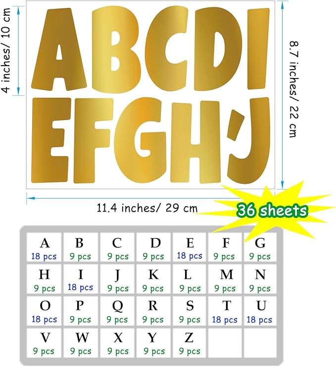 Bemeol Letter Stickers 378 Pcs Bulletin Board Letters for Classroom 4 Inch Alphabet Cutout Letters for Poster Board Display Home Classroom School Decor(Gold)