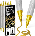 ARTISTRO 5 Gold Dual Tip Brush + Fine Acrylic Paint Pens Ideal for Calligraphy - Paint Markers for Fabric, Rock, Glass, DIY - Stocking Stuffers, Christmas Gift Idea for Teens, Grandkids, Kids