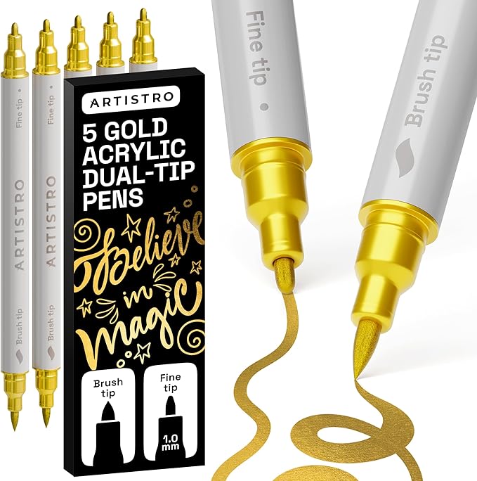 ARTISTRO 5 Gold Dual Tip Brush + Fine Acrylic Paint Pens Ideal for Calligraphy - Paint Markers for Fabric, Rock, Glass, DIY - Stocking Stuffers, Christmas Gift Idea for Teens, Grandkids, Kids