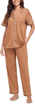 CF Womens 100% Cotton Pajamas Set Button Down Pjs Sets Short Sleeve Top & Long Pants Sleepwear Comfy Loungewear with Pockets