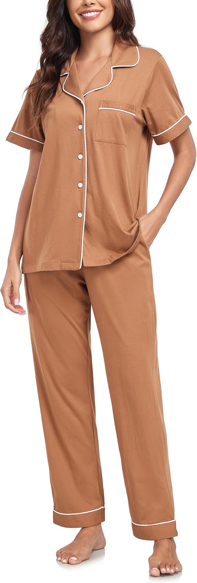 CF Womens 100% Cotton Pajamas Set Button Down Pjs Sets Short Sleeve Top & Long Pants Sleepwear Comfy Loungewear with Pockets