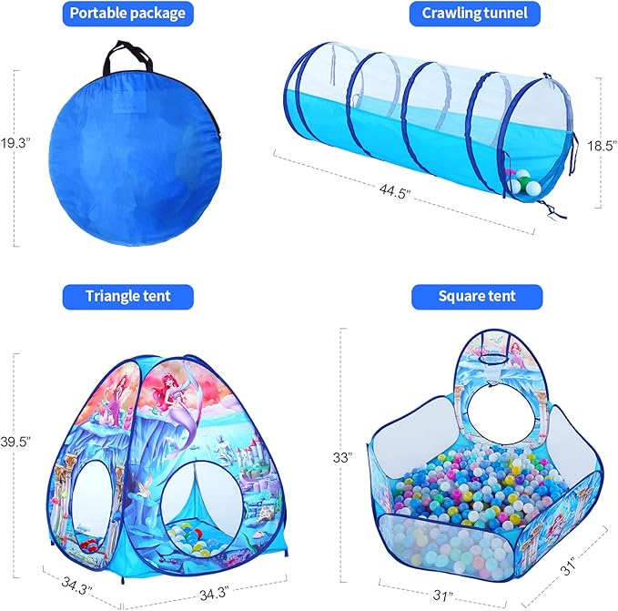 3 in 1 Kids Mermaid Play Tent for Toddler with Baby Ball Pit and Play Tunnel, Children Indoor Outdoor Playhouse with Crawling Tunnel Toy for Toddlers (3pc Mermaid Ball Pit)