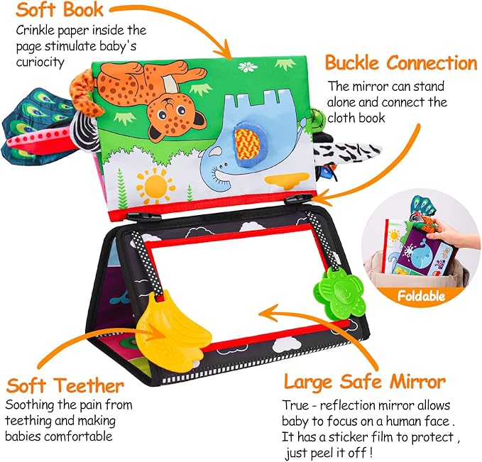 Baby Mirror Tummy Time Toys 0-6 Months with Crinkle Cloth Books Infant High Contrast Newborn Sensory Black and White Toy for 0-3 4 5 6 Months Must Haves Babies 3-6 6-12 Month Boy Girl