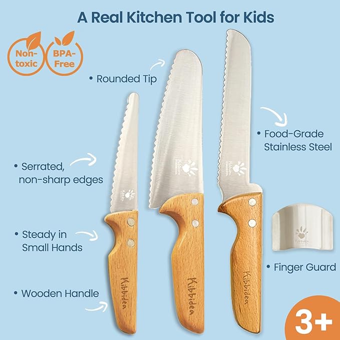Kibbidea Kids Knife Set for Real Cooking Safe, 4pcs Kids Kitchen Cutting Chopping Knives, Food-grade Stainless Steel Blades, Metal Children First Starter knife, BPA-free Tool (Silver)