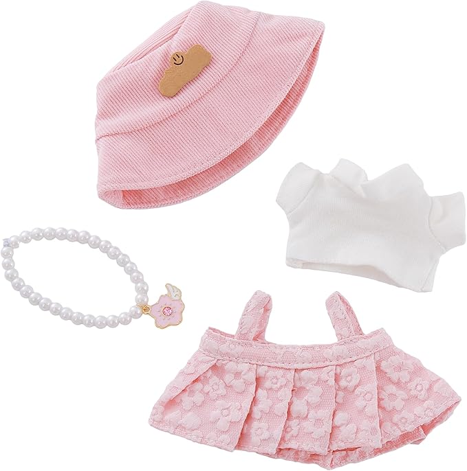 17cm Doll Clothes Set & Dolls Outfit 3-Piece Handmade Doll Clothing Set with Dress Necklace and Hat Accessories for 17cm Plush Dolls, Clothes Only, No Doll Included