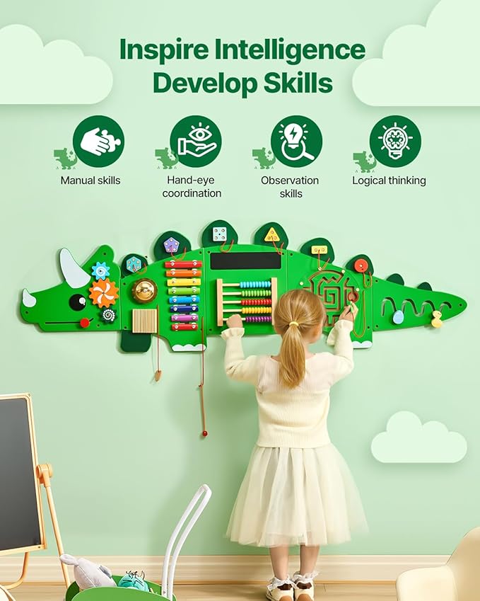 VEVOR Dinosaur Activity Busy Board Wall, 11 Activities Board, Montessori Sensory Wall Panel for Kids 3-12 Years, Sensory Activity Panel, Ideal for Toddler Playroom Nursery Classroom