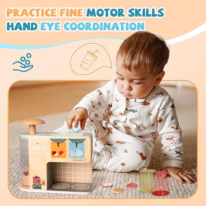 Top Bright Drink Dispenser Kids Play Kitchen Accessories, Pretend Play Toys Food with Sounds Effects, Wooden Kitchen Playset for Toddlers 3+