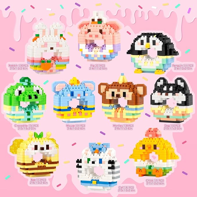 HIGH GODO Animal Party Favors Building Blocks, 10 Pack Mini Food Animals Building Set, Goodie Bag Stuffers, Classroom Small Prize Toys Gifts for Kids Boys Girls Age 8+