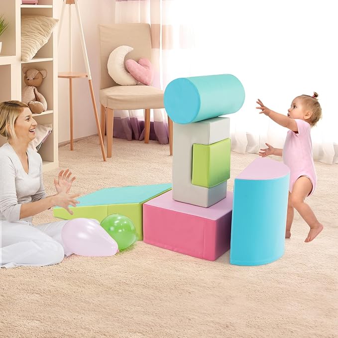HONEY JOY 6-Piece Climb and Crawl Playset, Soft Climbing Foam Block Activity Play Structure Gym Equipment for Infant Baby, Color Coordination, Waterproof Indoor Climbing Toys for Toddlers (Green)