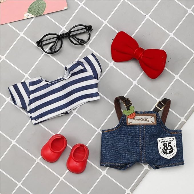 5 Pcs Set-17cm Doll Rabbit Bunny Clothes,Bowknot Hairpin+Glass Frame+Shirt+Overalls Trousers+Shoes,Fashionable Outfit for Dress up Unique Style, Doll Costume Cosplay Fashion Dresses-Set 6
