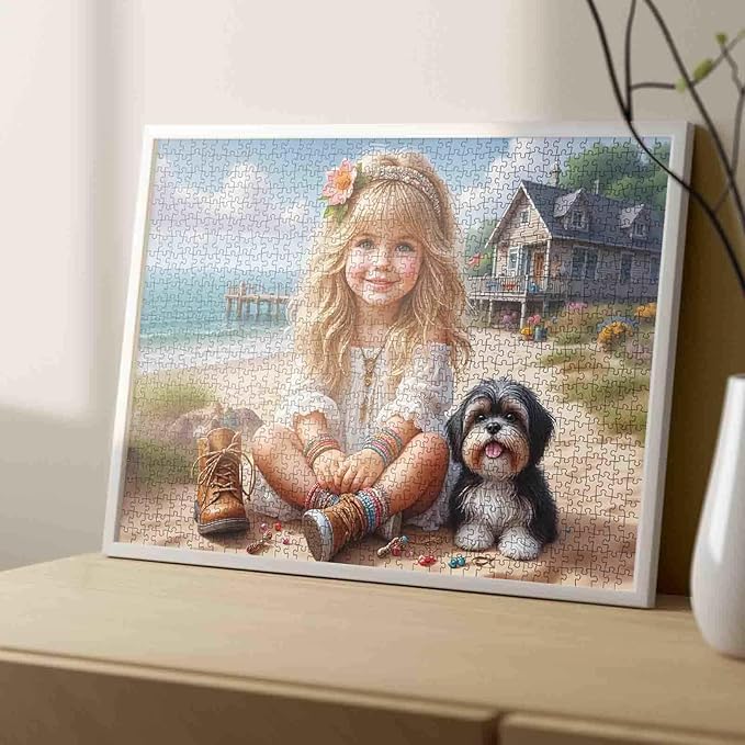 Tucocoo 1000 Piece Jigsaw Puzzle for Adults, Cute Girl and Puppy, Beach Cottage, Coastal Ocean Summer Puzzle, Family Games Art Puzzles, Cute Dog Jigsaw for Women, DIY Puzzle Wall Art Decor Gifts