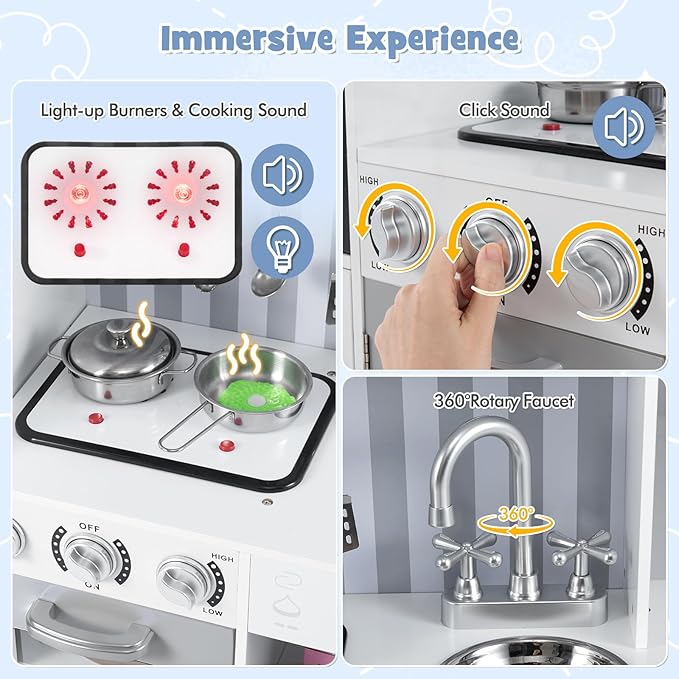 HONEY JOY Kids Kitchen Playset, Wooden Little Chef Pretend Play Kitchen Set w/Chalkboard & Water Dispenser, Lighted Stove, Storage Cabinet, Utensils, Play Kitchen for Toddlers, White + Silver