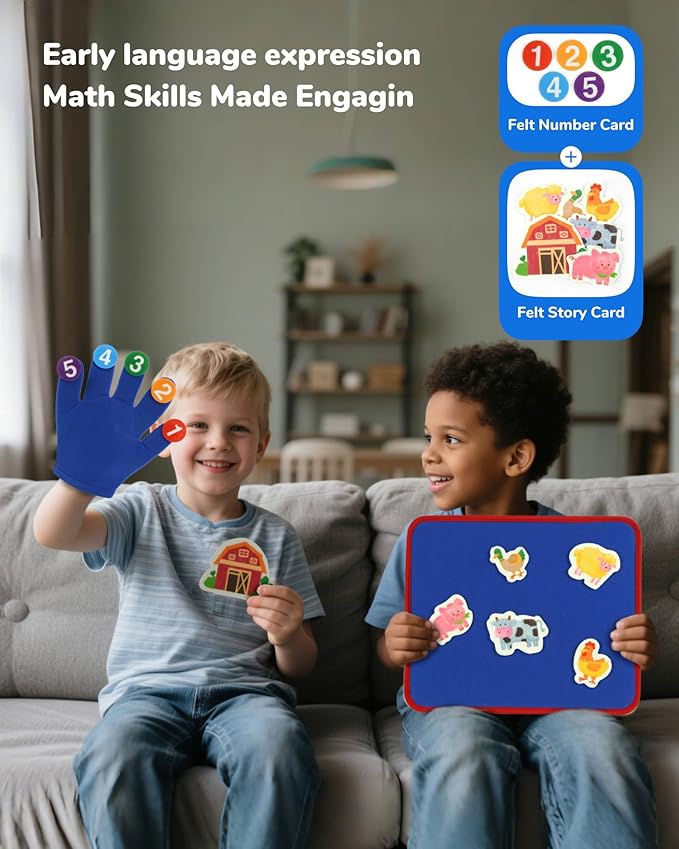 CHEFAN Felt Board for Toddlers, Finger Puppets Includes Itsy Bitsy Spider, 5 Little Ducks & More, Flannel Board for Preschool Learning Activities, Interactive Storytelling Set with Gloves (4 Sets)