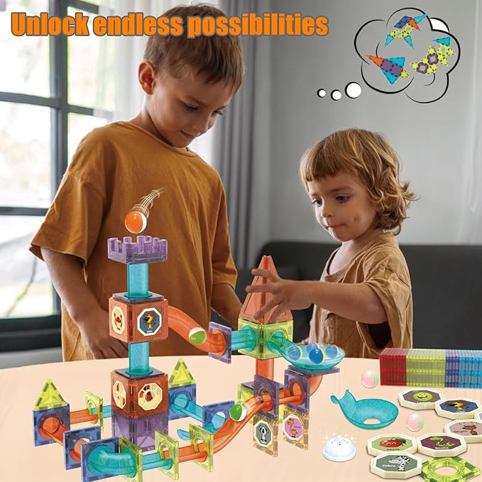 Magnetic Tiles Building Blocks Toys for Kids,144 PCS Magnet STEM Construction Set with LED Lights & Marble Run | Educational Learning Creative Gifts for Kids Ages 5-12 Boys and Girls