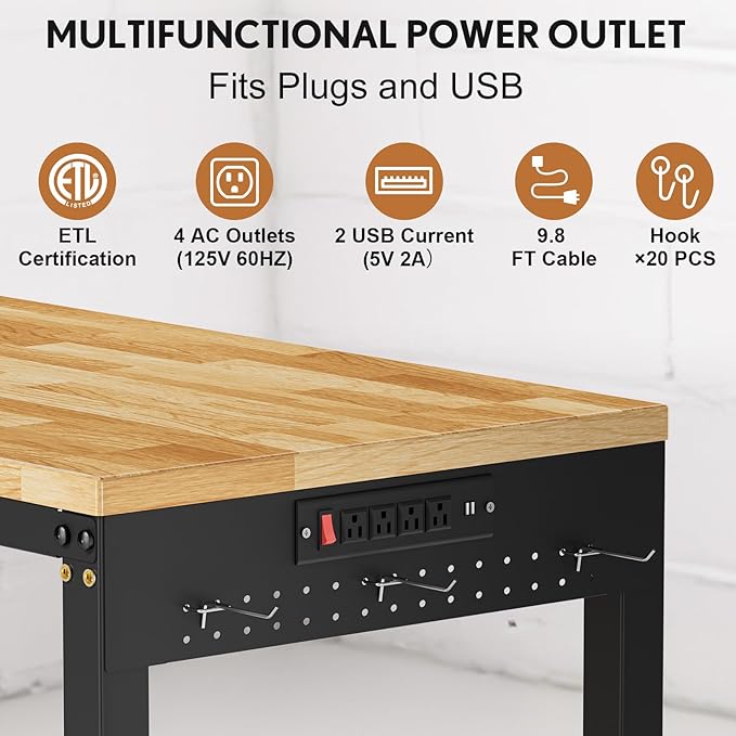 96”L-Shaped Heavy Duty Work Bench, Heights Adjustable Workbench, 5000 LBS Load Capacity, Work Benches for Garage with Power Outlet & Pegboard, Rubber Wood Work Table for Office, Workshop, Home
