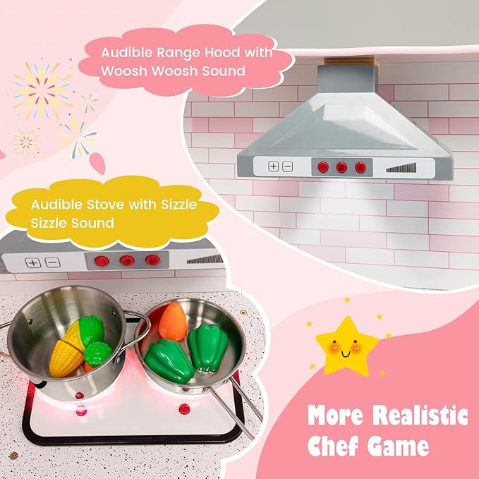 HONEY JOY Pink Corner Kids Kitchen Playset, Wooden Play Kitchen for Toddlers, Washing Machine, Range Hood, Water Dispenser, Cookware, Apron, Little Chef Pretend Toy Kitchen Set w/Lights & Sounds
