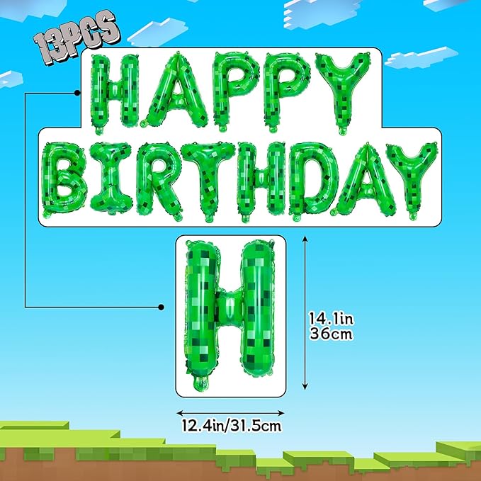TNT Pixel Happy Birthday Banner Party Decorations Foil Balloons Letters Signs Blast Gaming Party Miner Supplies for Boy Girl