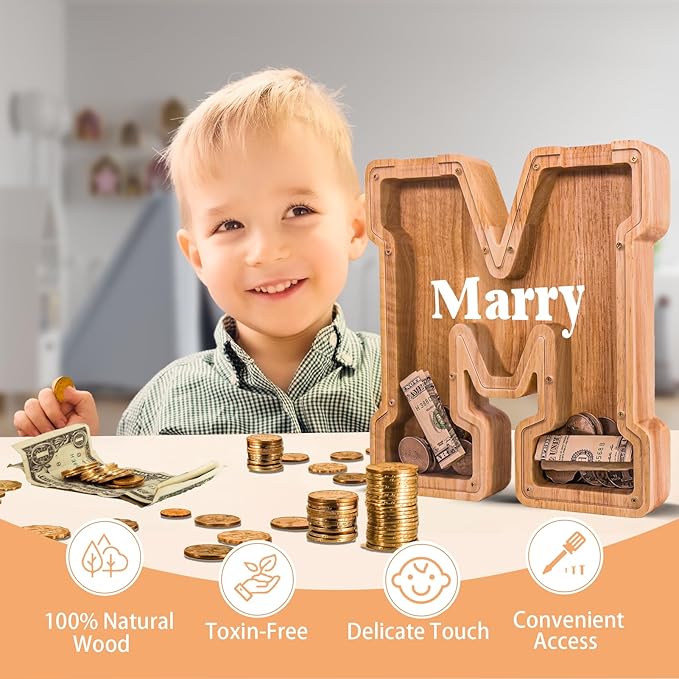 Wooden Letter Piggy Bank for Kids Larger Letter Piggy Bank for Boys and Girls Personalized Piggy Bank Initial Coin Bank Wood Kids Money Bank for Birthday and Festival