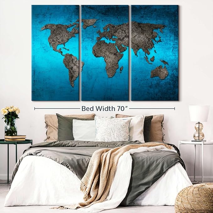 ElephantStock Ocean World Map Multi Piece Canvas - 3 Panel Wall Decor - Map of the World Art - Canvas for the Office and Home - 74" X 48"