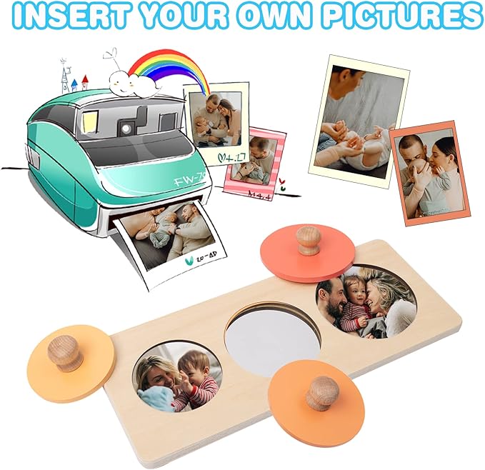 Baby Puzzles 12-18 Months - Montessori Multiple Shapes Knob Wooden Puzzles for Toddlers 1-3 - Peekaboo Photo Puzzle with Baby Mirror & 10 Real-Life Cards