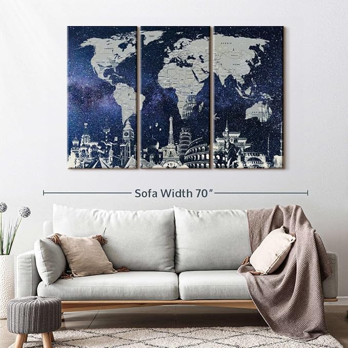 ElephantStock Starry World Map Multi Piece Canvas - 3 Panel Wall Decor - Map of the World Art - Canvas for the Office and Home - 57" X 36"