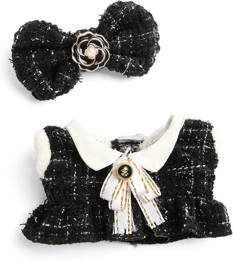 17cm Doll Clothes for Labubu - Luxury Chic Style Set for 17cm Dolls Outfit - Accessories for Dolls Clothes -Black Plaid Tweed Dress + White Necktie + Black Bow (No Doll)