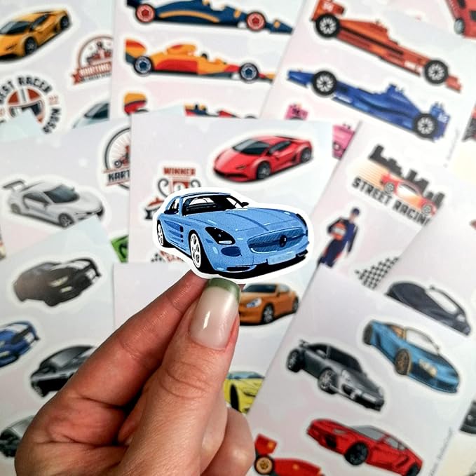 BulbaCraft 100Pcs Race Car Stickers, Racing Stickers and Decals, Race Car Party Favors, Racing Gifts, Gifts for Women & Men