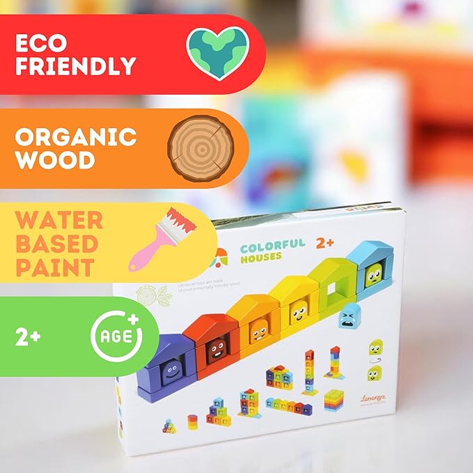 CUBIKA Wooden Construction Set Colorful Houses – 24-Piece Construction Play Set with Emotion Characters for Toddlers 2+– Montessori Toy for Creativity, Cognitive Development, and Emotion Recognition