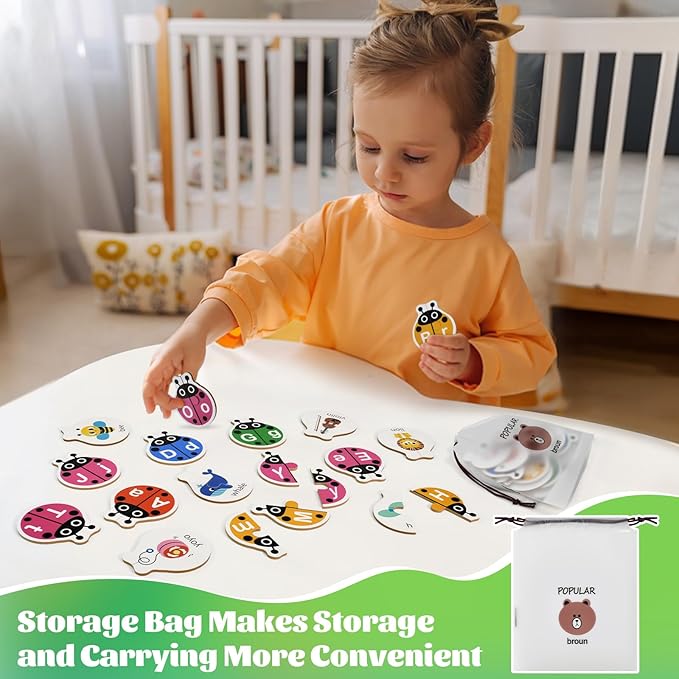 Ladybug Self Correcting Alphabet Puzzle: Letter Matching Games for Toddlers 3-5, 52pcs Double-Sided Montessori ABC Puzzles Cards Preschool Learning Activities Educational Toy Gift for Kids