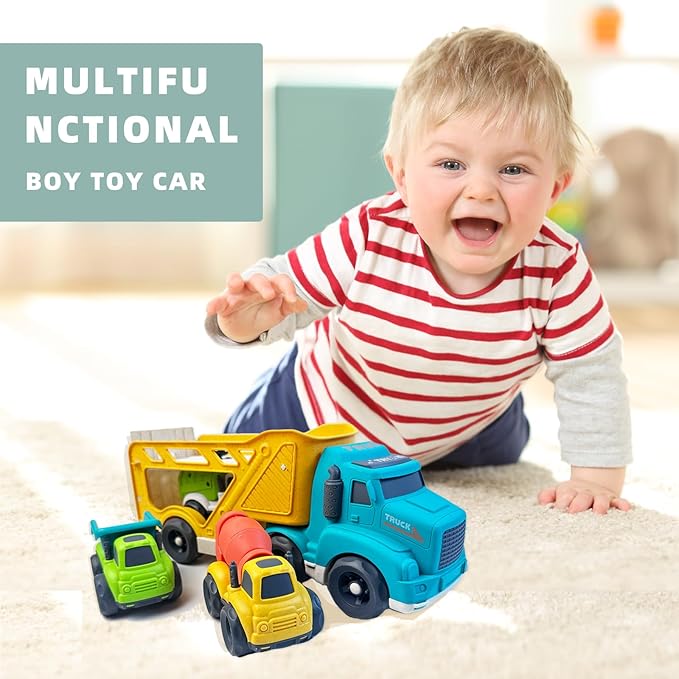 4 in 1 Toddlers Truck Toys for 1 2 3 4 Year Old, Truck Toy Set Includes Dump Truck, Garbage Truck, Mixer Cement, No BPA, Phthalates, PVC, Birthday Xmas Gifts for Toddlers,Outdoor Toys for Kid
